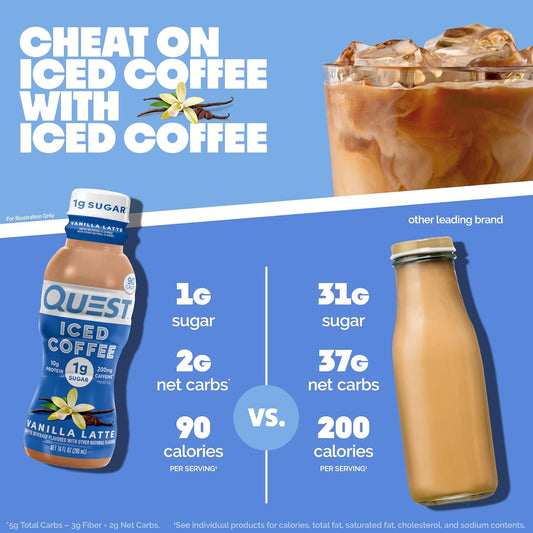 Quest Nutrition Iced Coffee, Vanilla Latte, 1g of Sugar, 10g of Protein, 90 calories, 200mg of caffeine