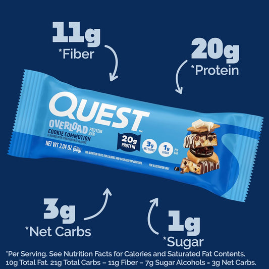 Quest Nutrition Overload Protein Bars, Cookie Commotion, 20g Protein, 1g Sugar, 3g Net Carbs, Gluten Free